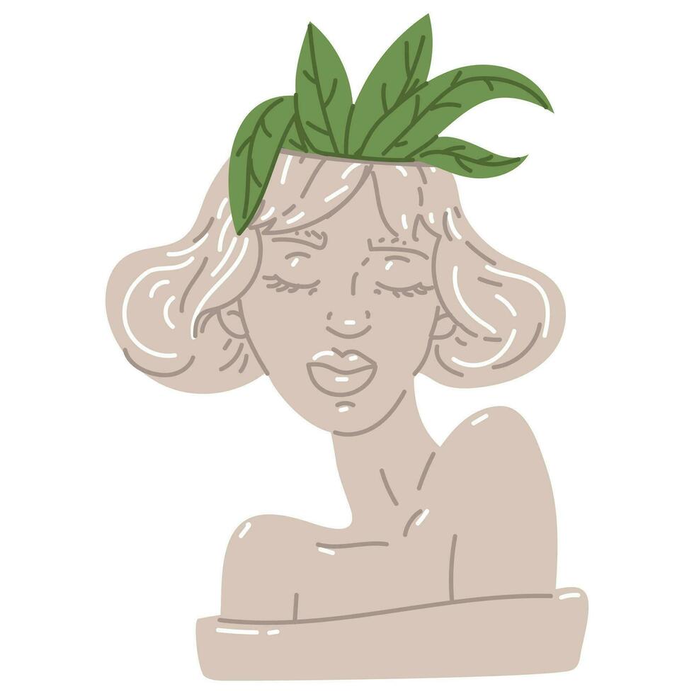 Flower pot with a female portrait of an antique Greek sculpture in a modern style. Modern female sculpture, portrait with a plant on her head Vector illustration blooming inside highlighted on a white