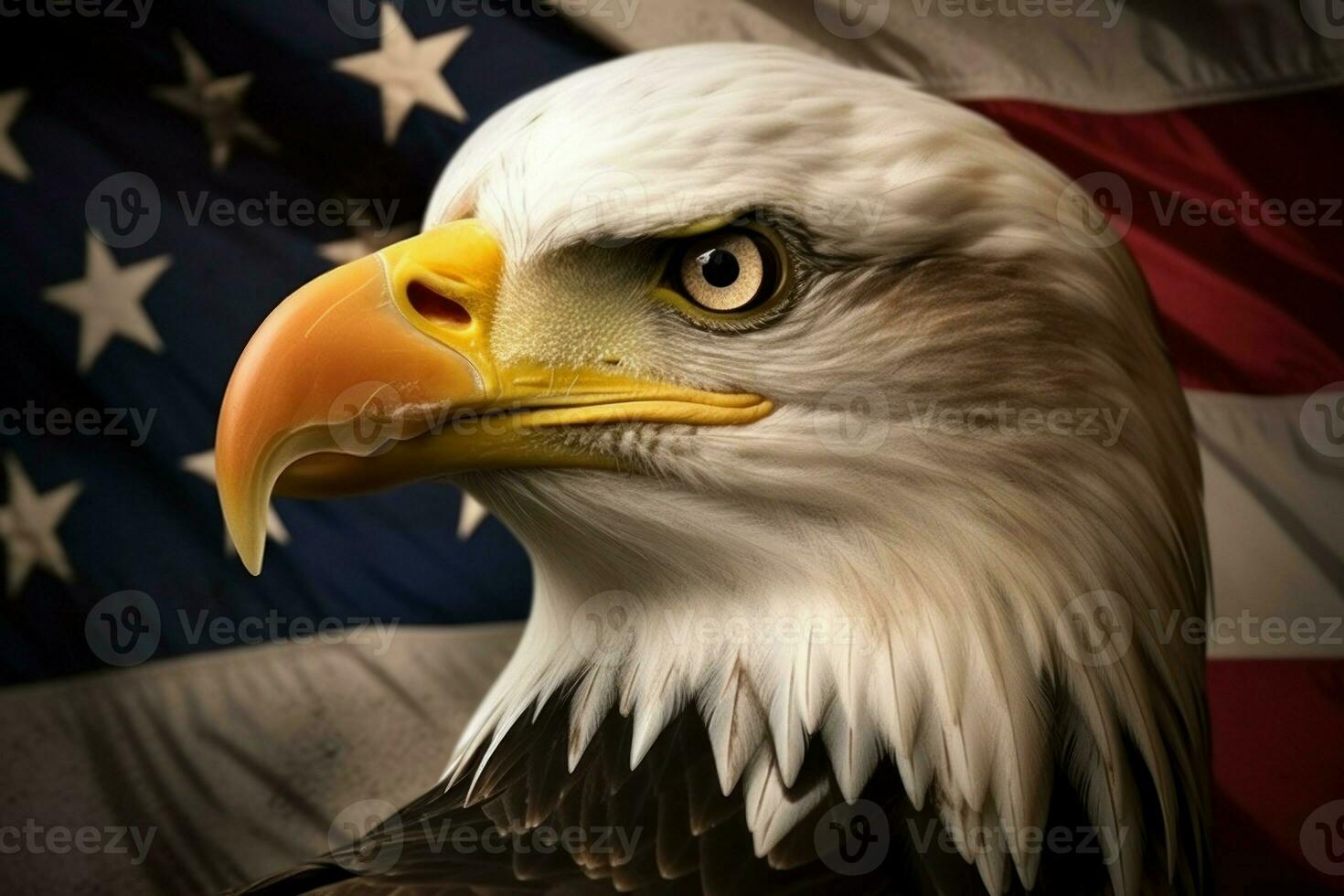 A commanding bald eagle is the main focus, placed in front of the flag representing American states. Generate Ai photo