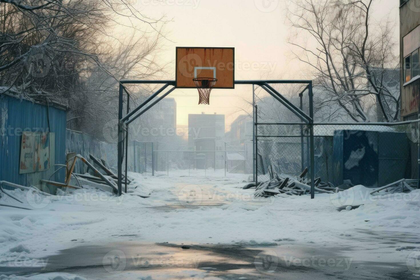 Sunny Basketball court outdoor sunny winter. Generate Ai photo