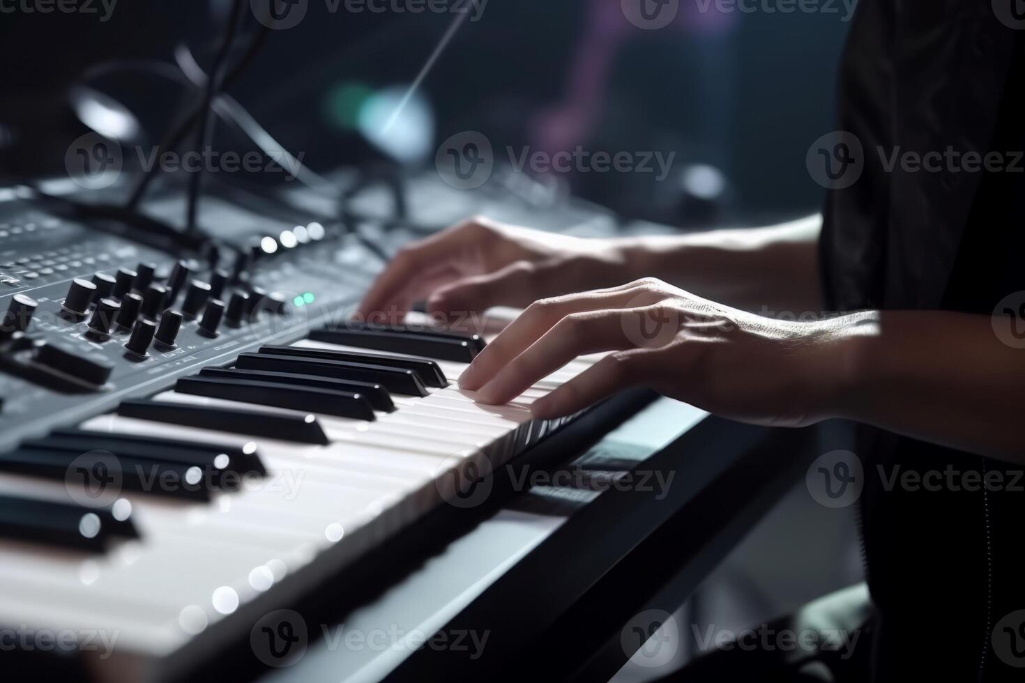 Human hands playing keyboard synthesizer. Generate ai photo