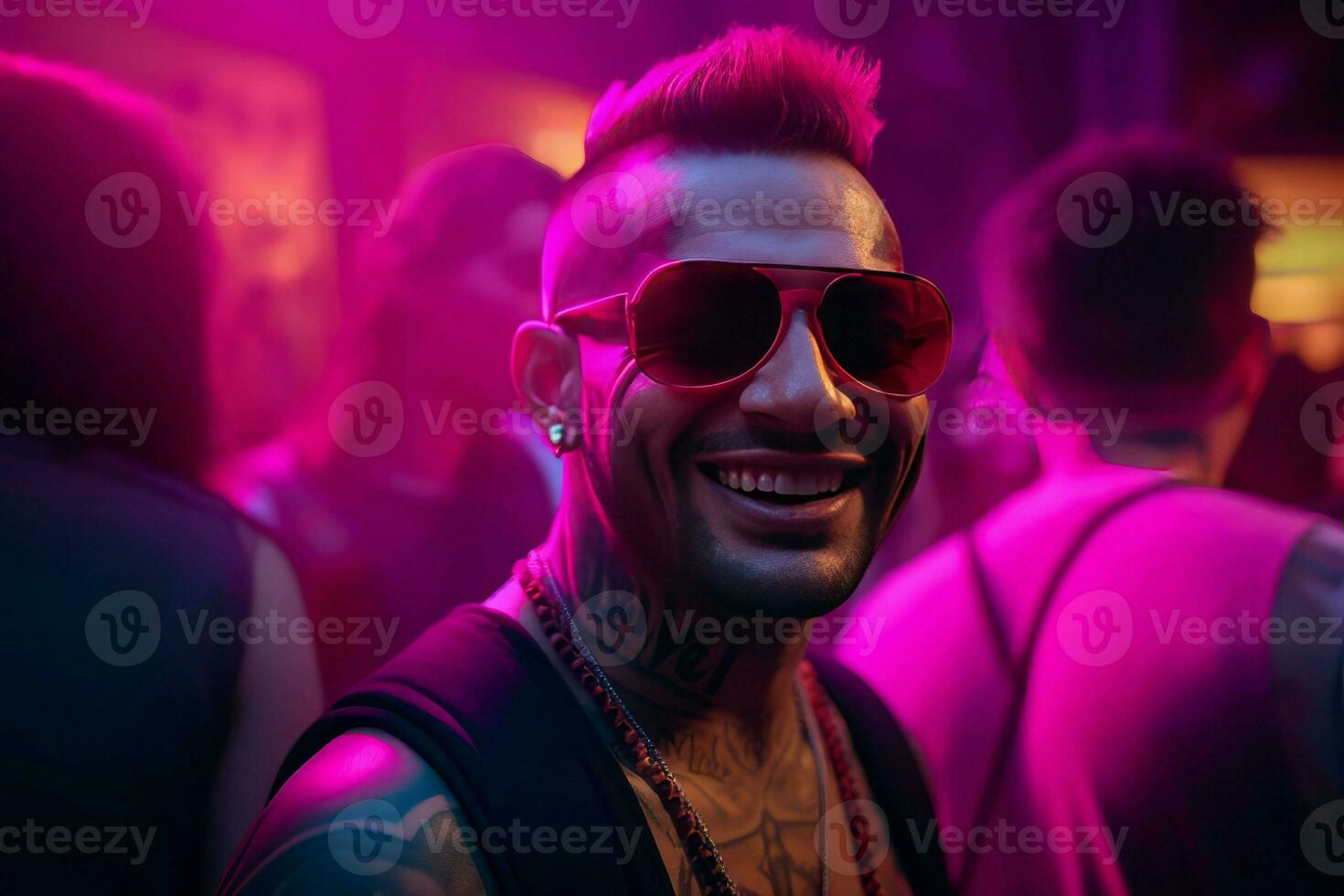 Tattooed man party smiling. Generate Ai photo