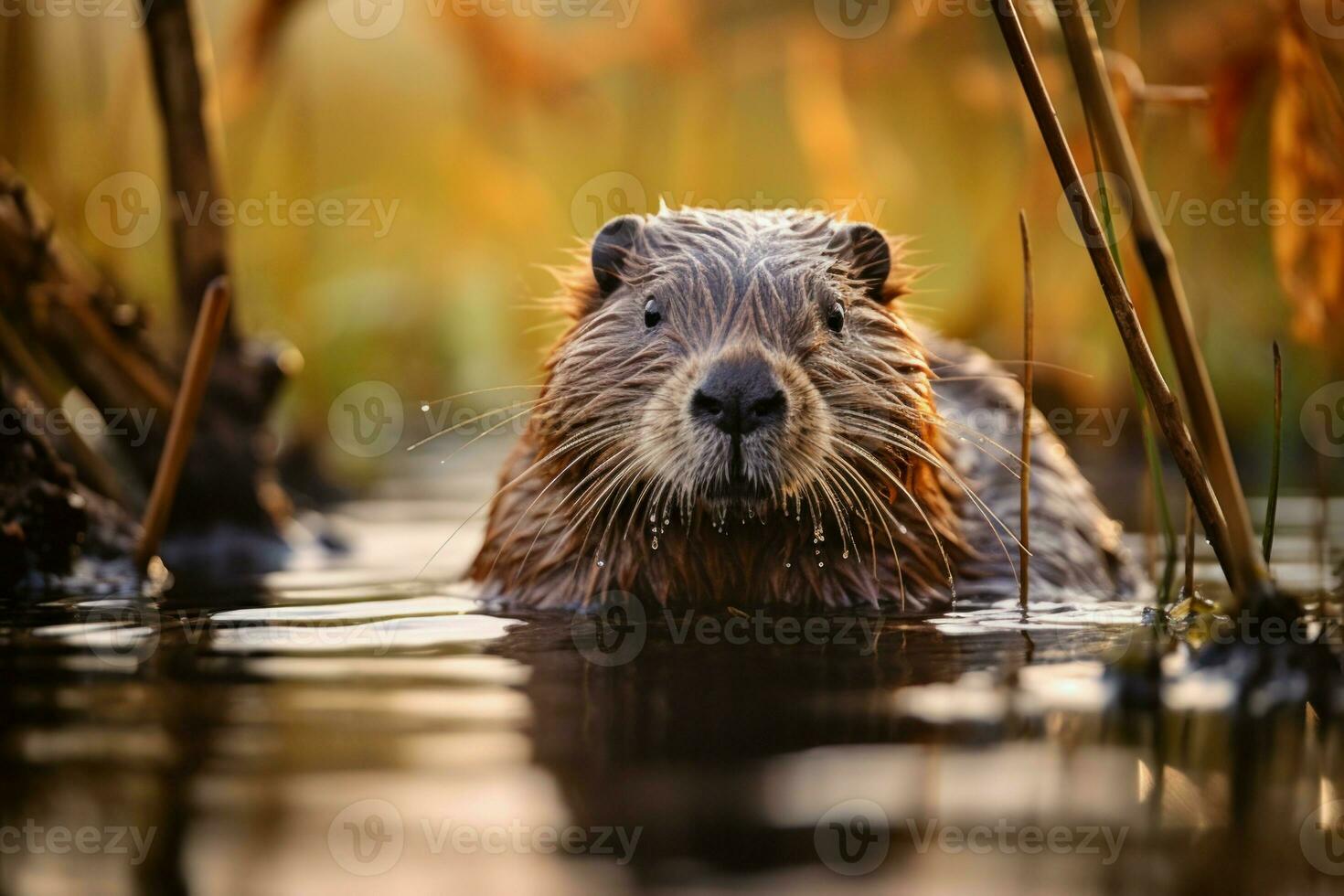 Persistent Beaver river animal wild. Generate Ai photo