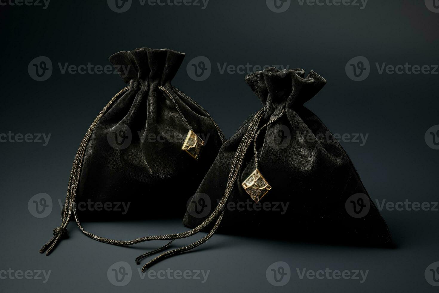 Black suede fabric bags with laces, decorated with stones and amulets for jewelry. AI Generated photo