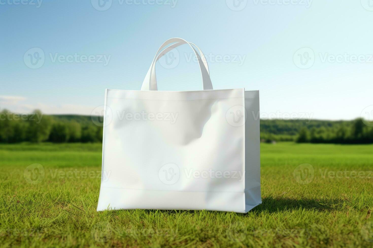 A white fabric picnic bag stands in a field in the grass with flowers. AI generated photo