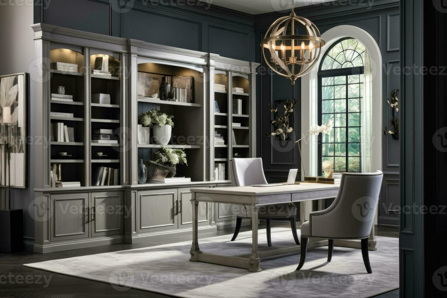 The interior of a luxurious expensive room for working with a computer and a table in platinum tones. AI generated photo
