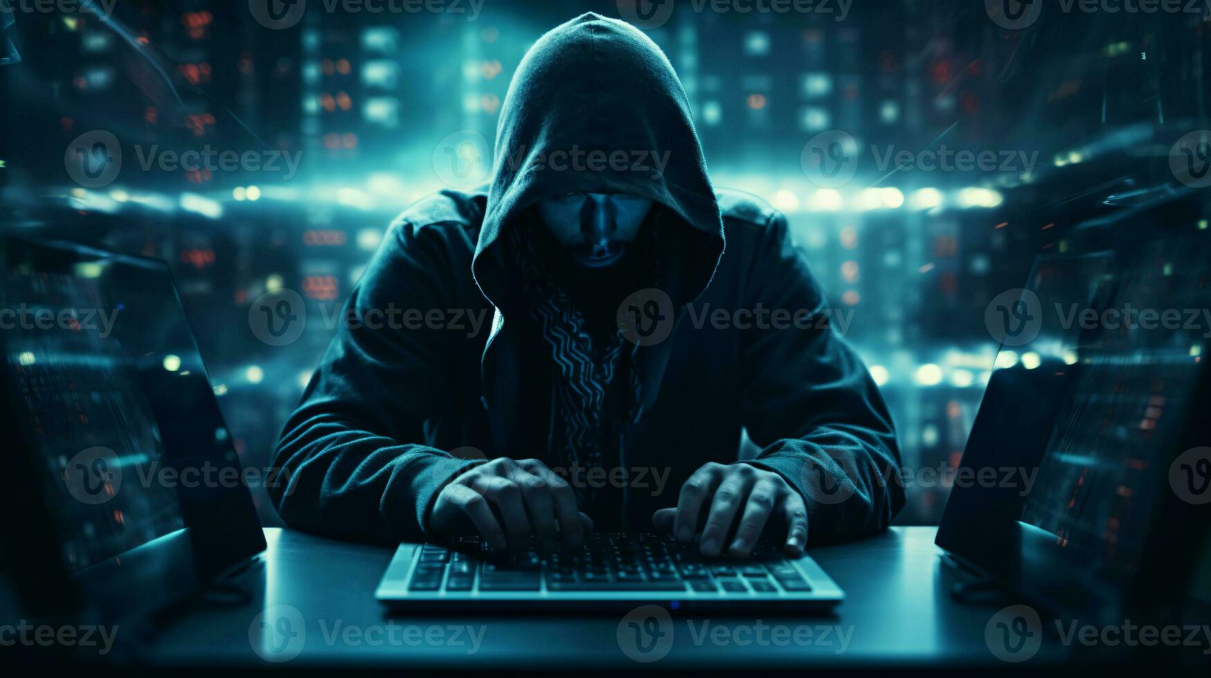 cybersecurity vulnerability and hacker, coding, malware concept. Hooded computer hacker in cybersecurity vulnerability on server room background. Ai generative photo