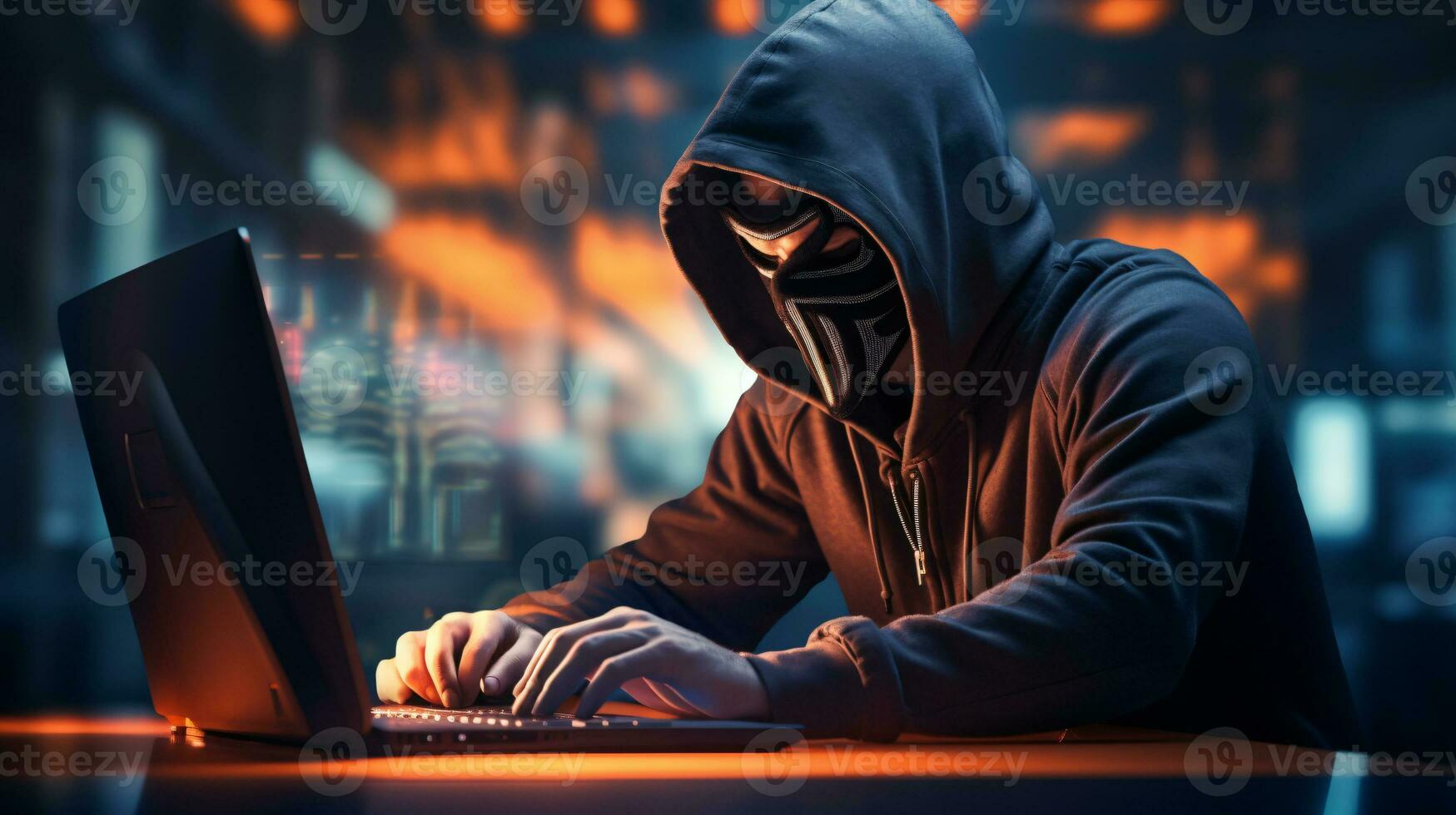 cybersecurity vulnerability and hacker, coding, malware concept. Hooded computer hacker in cybersecurity vulnerability on server room background. Ai generative photo