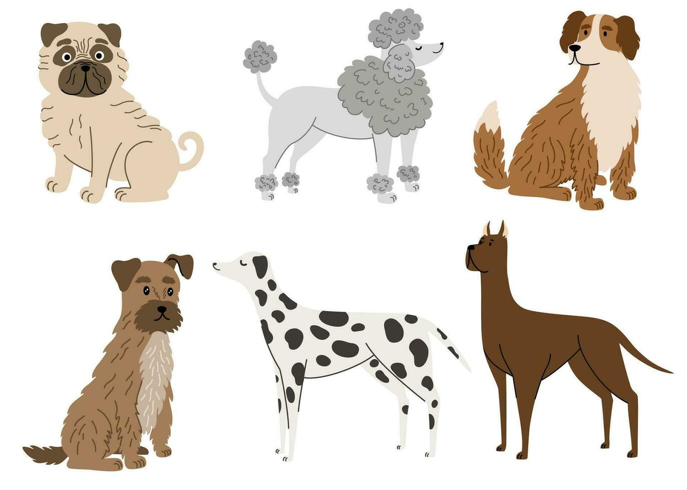 perros recopilación. dibujos animados perros de diferente razas mascota animal, linda cachorro. doguillo, caniche, genial danés, dálmata. vector mano dibujar ilustración.