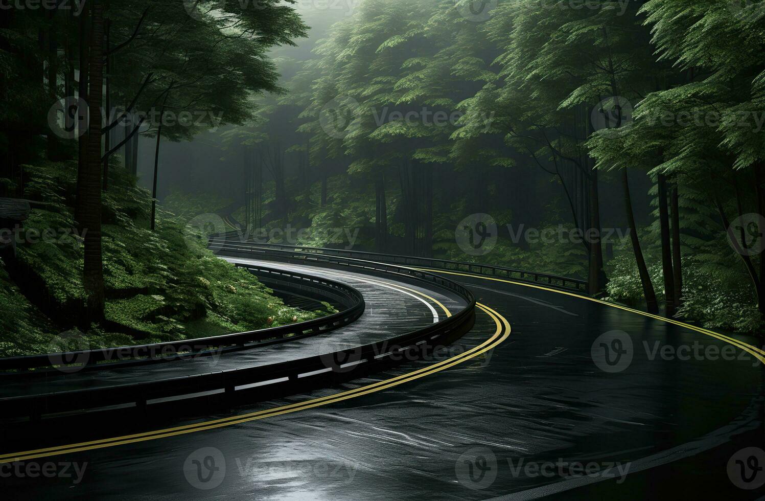 Landscape with empty road through woods. Travel. Created with Generative AI photo