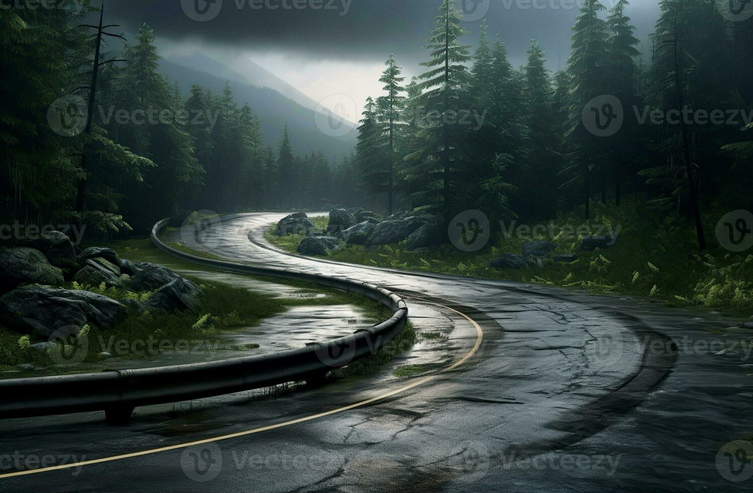 Landscape with empty road through woods. Travel. Created with Generative AI photo