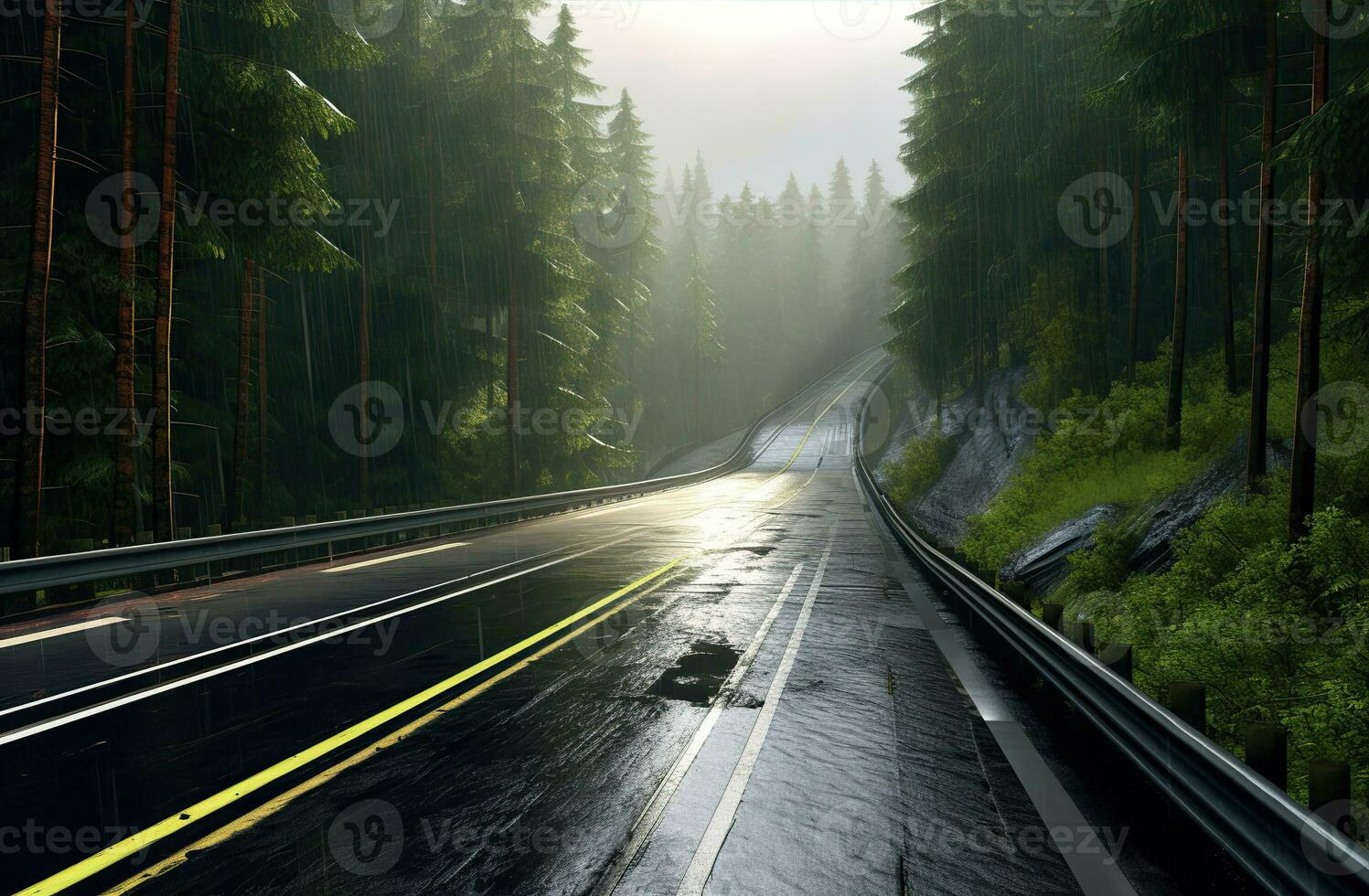 Landscape with empty road through woods. Travel. Created with Generative AI photo