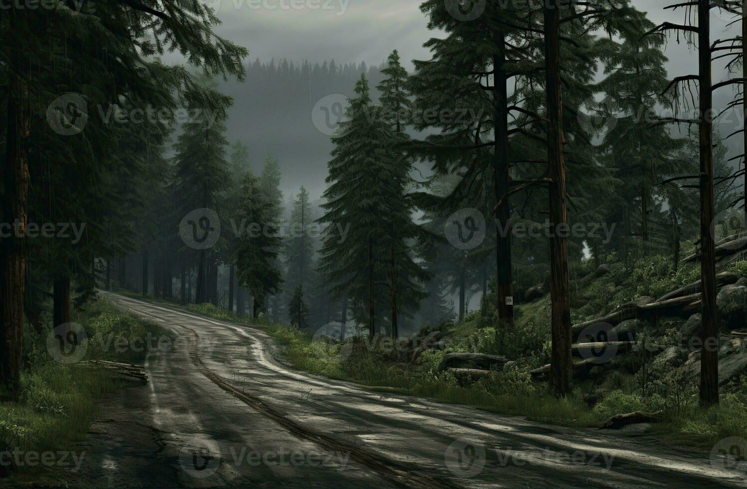 Landscape with empty road through woods. Travel. Created with