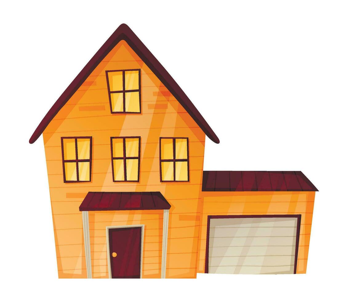 Vector isolated illustration of a cartoon house or cottage with light in the windows and a garage.