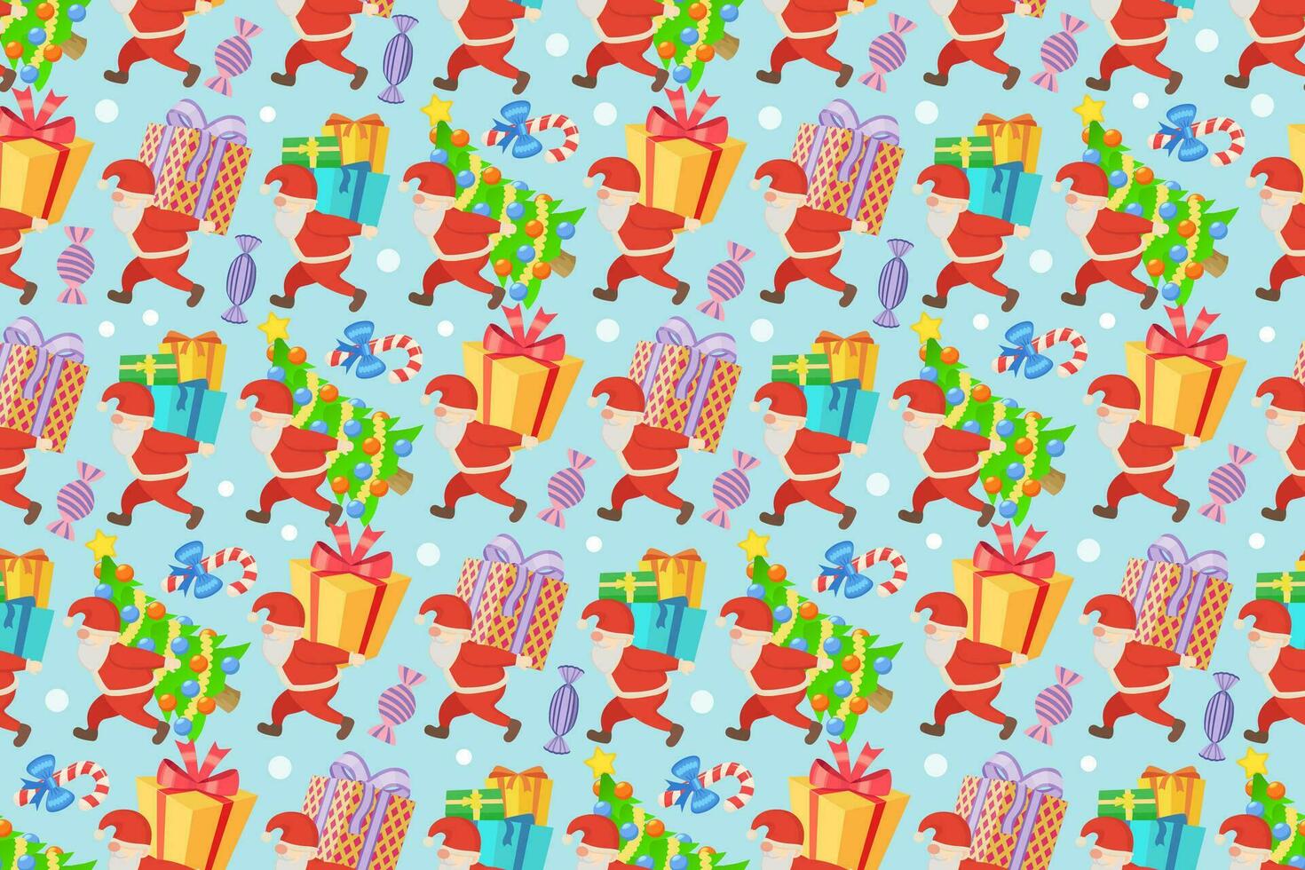 Gnomes carrying gift boxes and Christmas trees, seamless pattern. Cartoon Christmas repeating pattern with gnomes, gifts and candy. vector