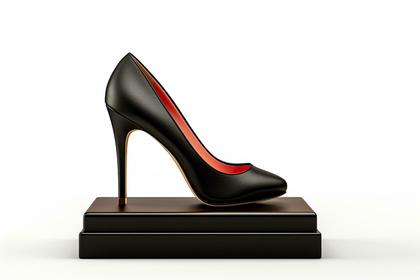 Beautiful elegant black women's high heel shoes standing on a black podium. White background. Side view photo