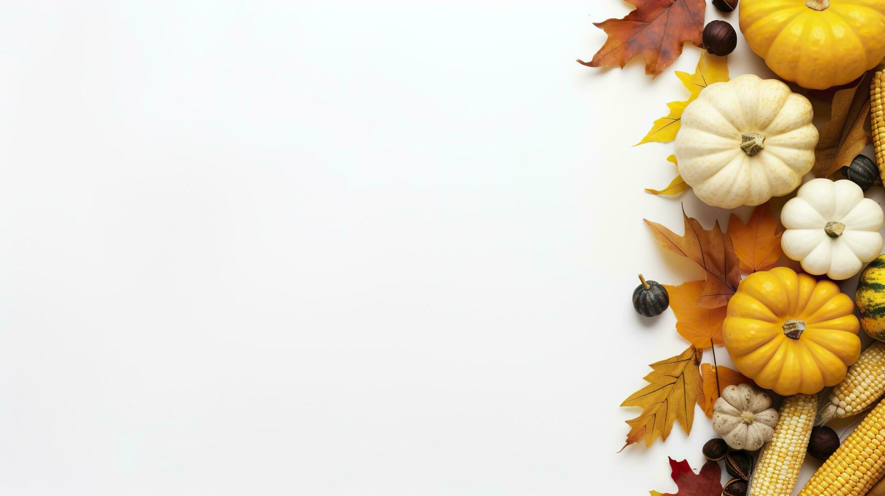 Autumn background with pumpkins, leaves and corn on white background photo
