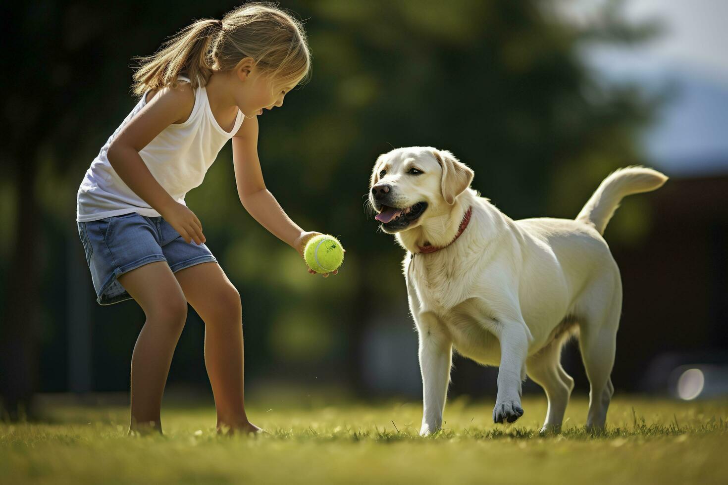 A girl is playing ball with a labrador retriever. photo