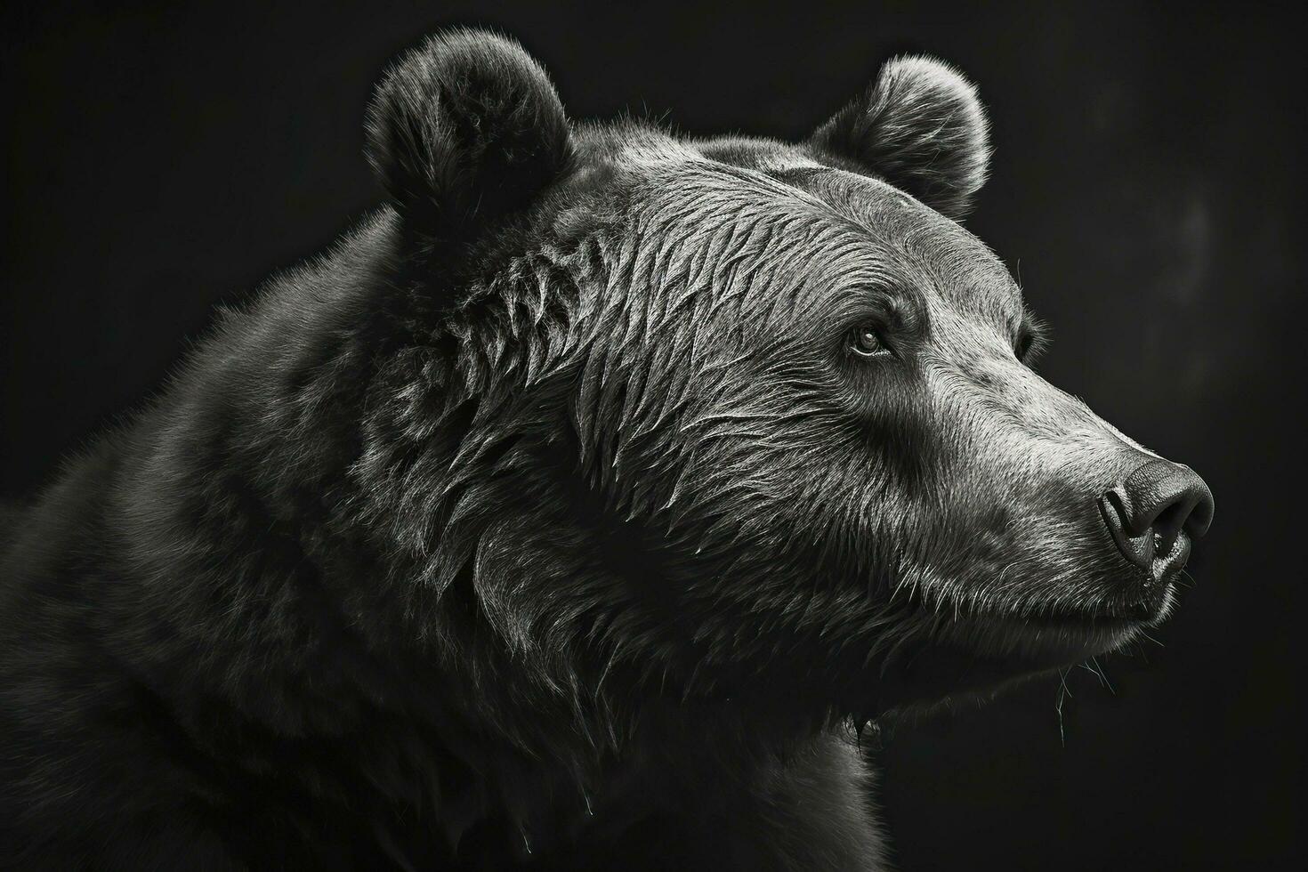 Black and white portrait of a grizzly bear on a black background. photo