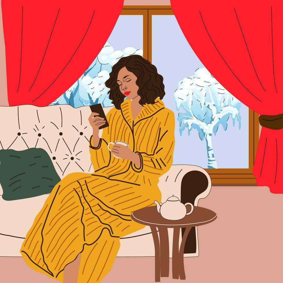 The girl is sitting on the sofa near the window with an winter view. Snow season. Hygge concept. Cozy autumn days vector