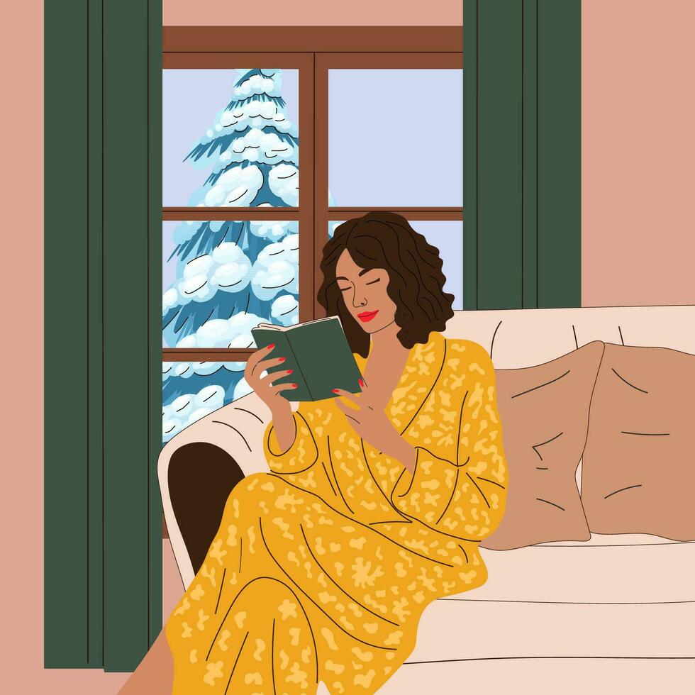 The girl is sitting on the sofa near the window with an winter view. Snow season. Hygge concept. Cozy autumn days vector