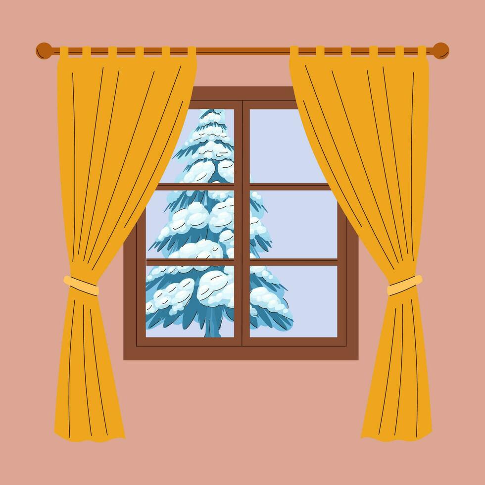Winter window. Window with winter view. Snow. Hygge concept. Cozy autumn days vector