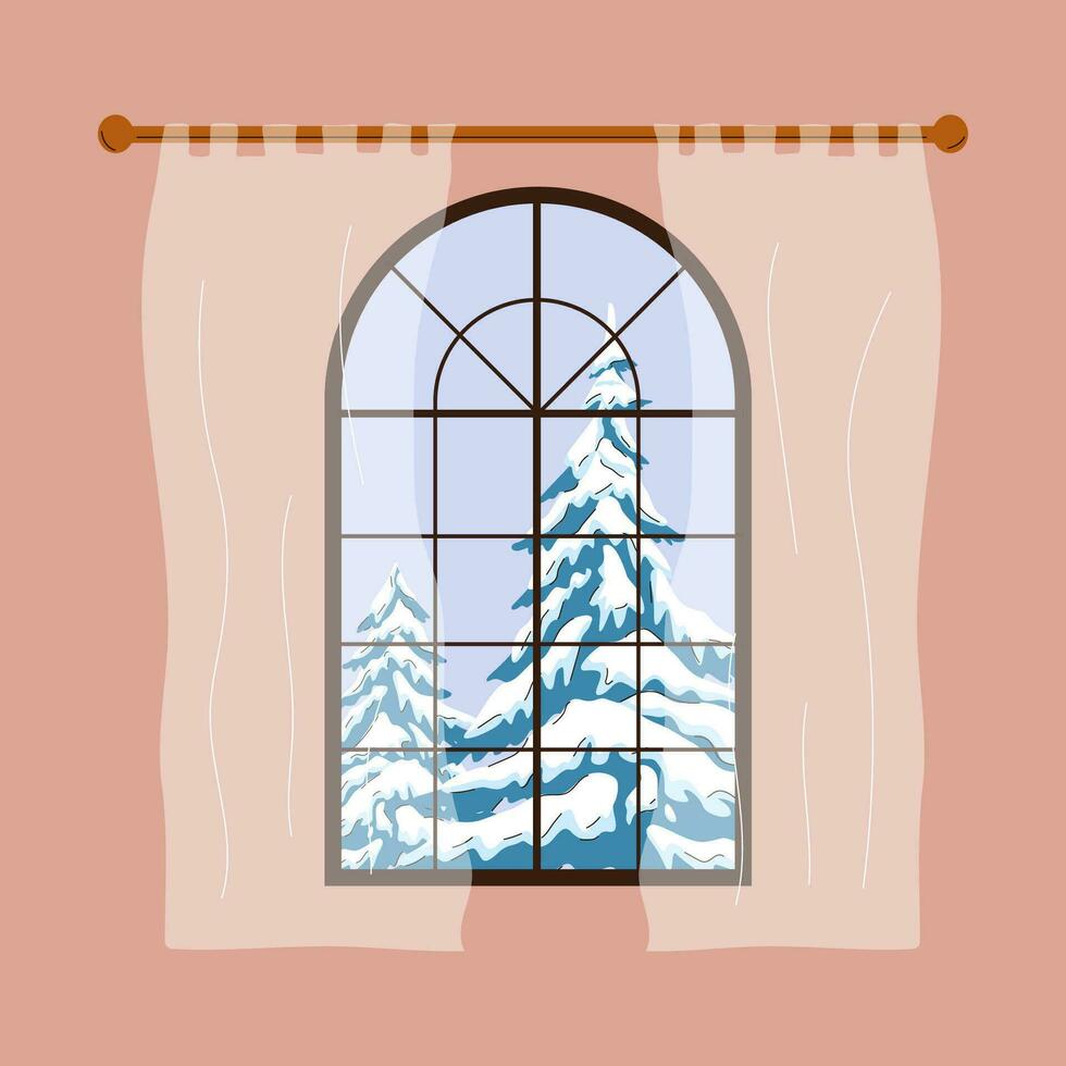 Winter window. Window with winter view. Snow. Hygge concept. Cozy autumn days vector