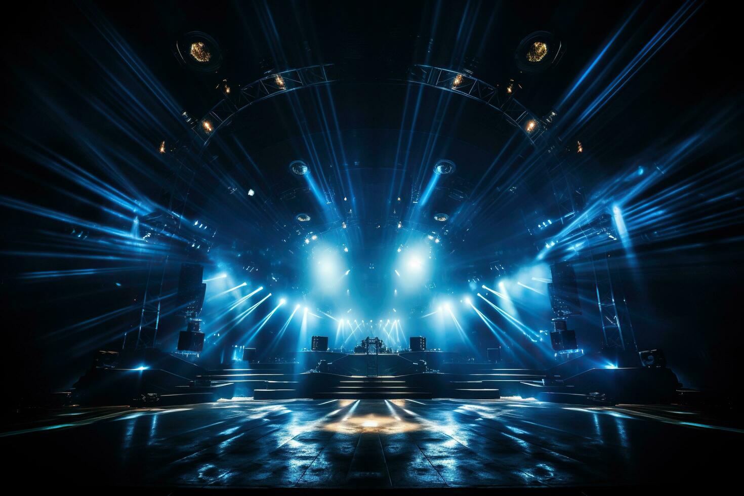 Empty concert stage in the light of spotlights. Performance photo