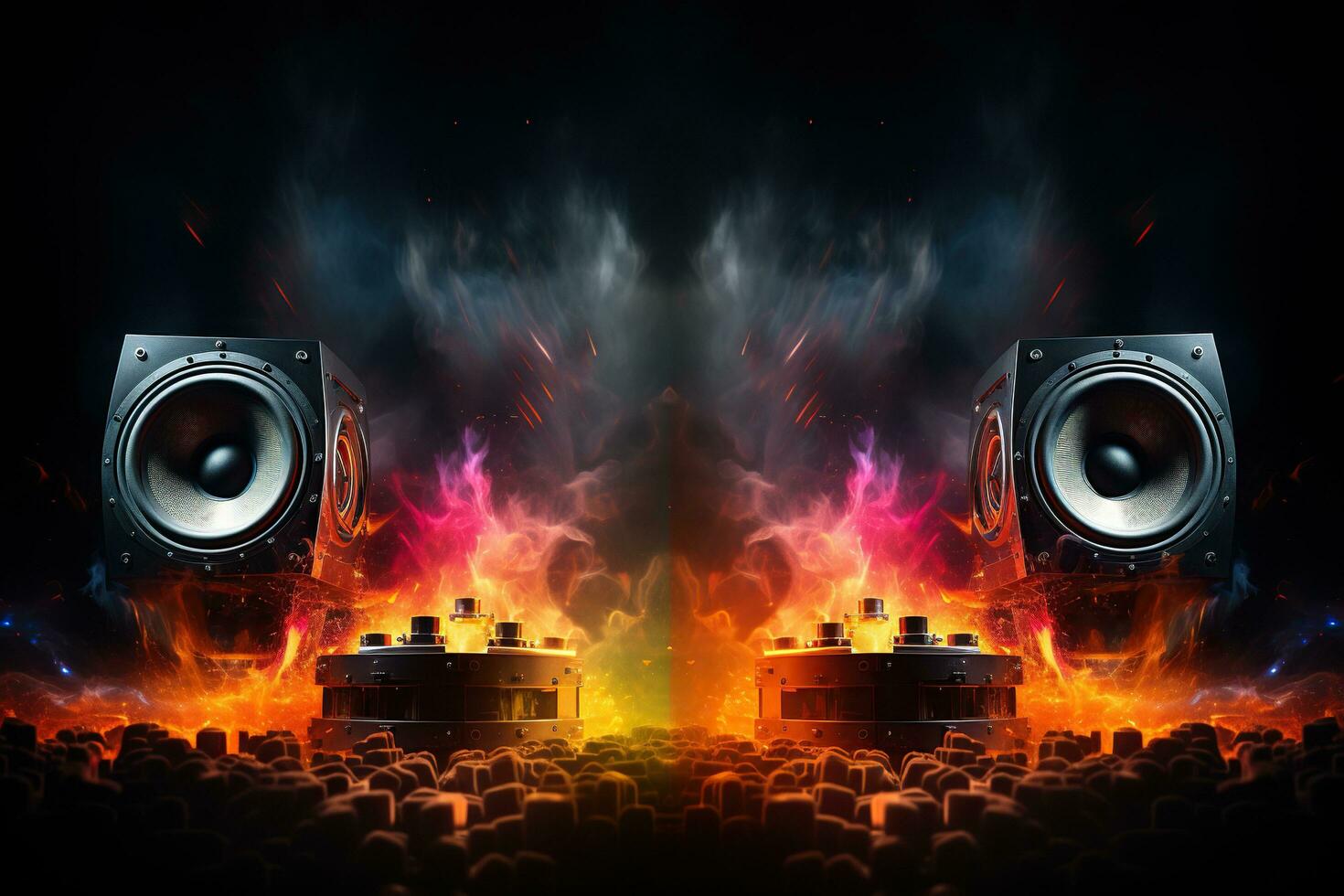 Multimedia acoustic speakers with fire lighting. Sound audio system with sparks the flame photo