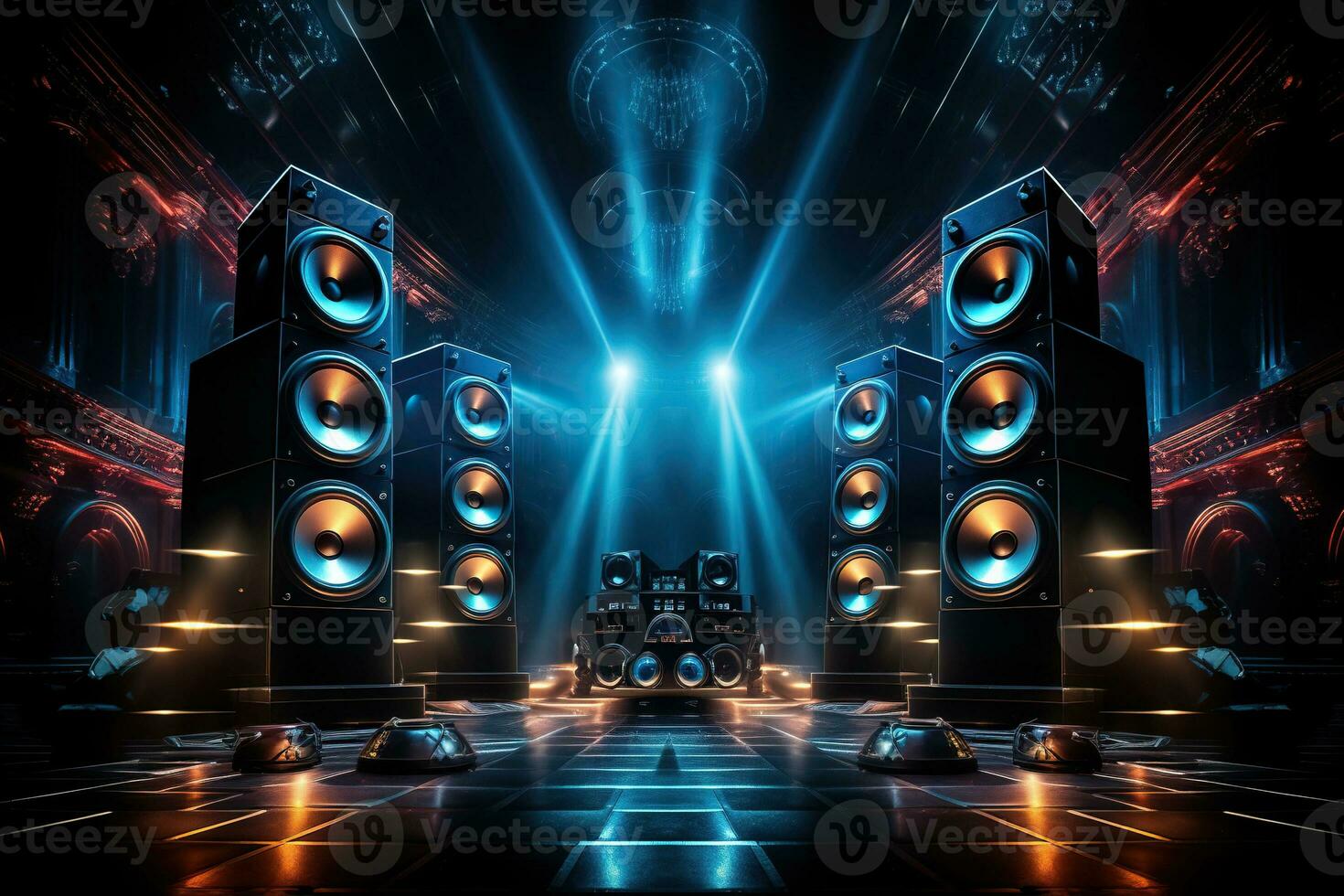 Multimedia acoustic speakers with neon lighting. Sound audio system in the bright rays of spotlights photo