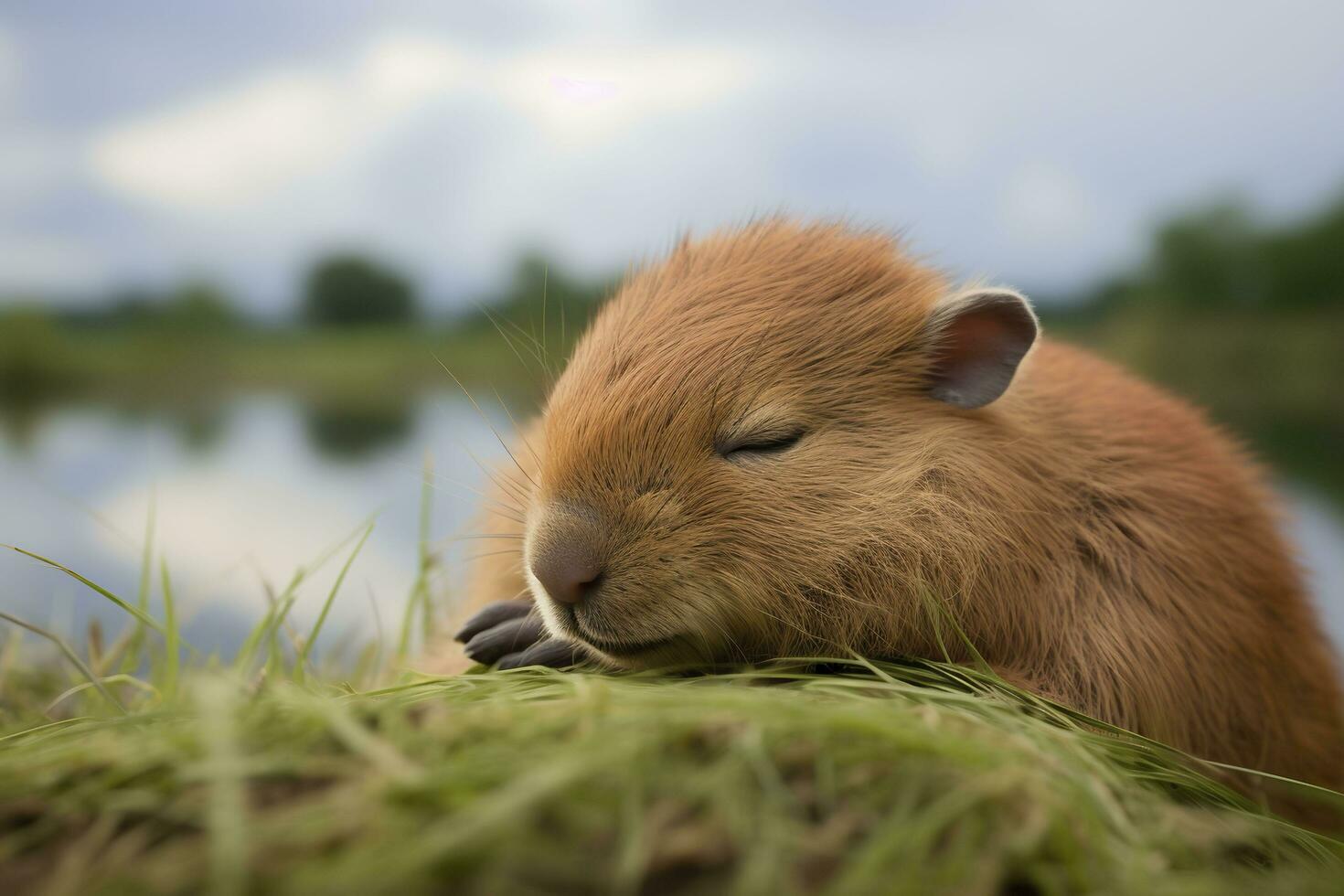 Cute brown baby guinea pig on green grass near the lake. photo