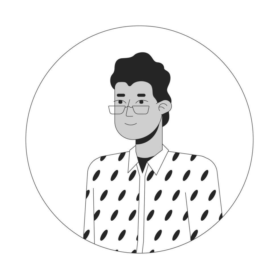 Eyeglasses indian man in designer shirt black and white 2D vector avatar illustration. Relaxed posing outline cartoon character face isolated. Smiling south asian guy glasses flat user profile image