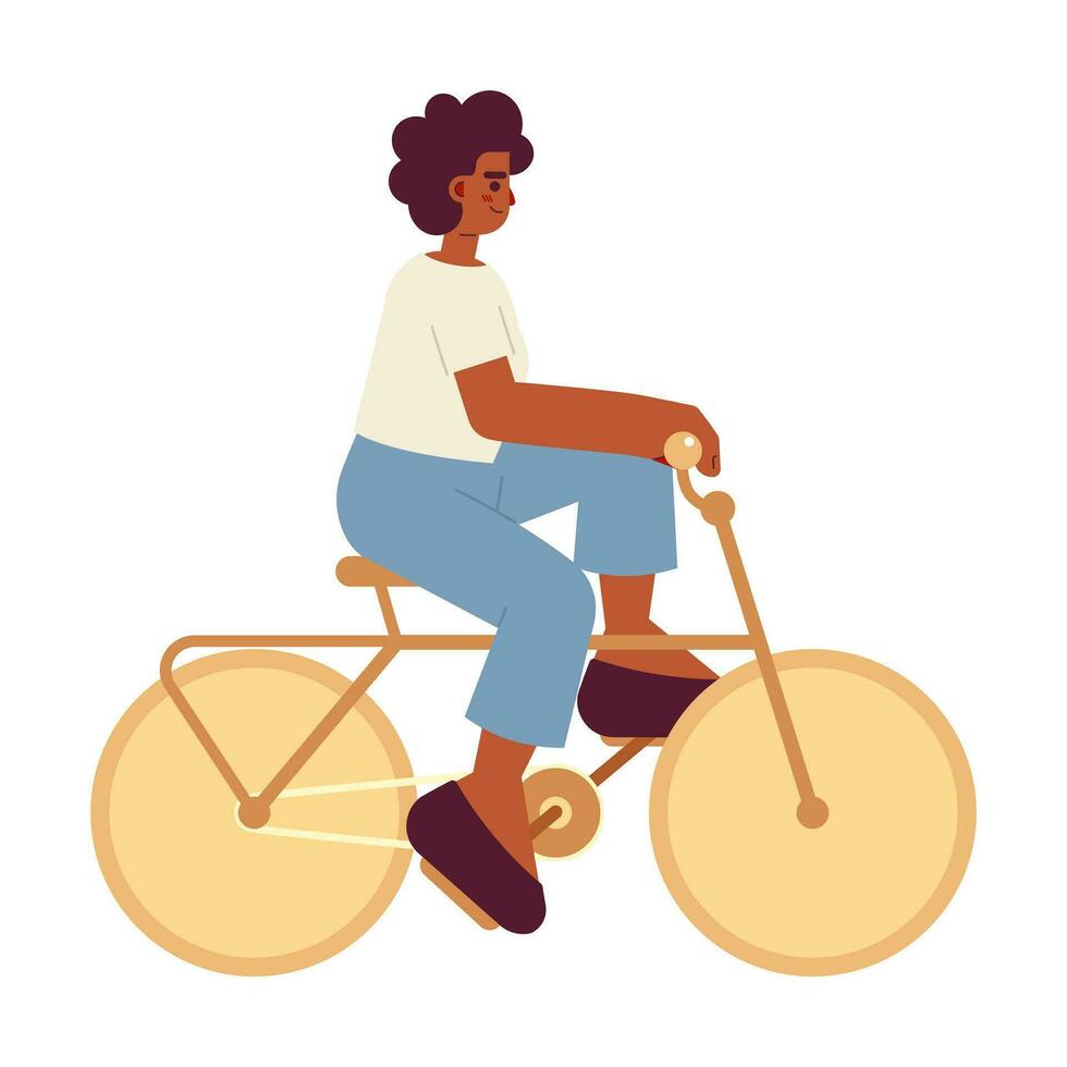 African american sport girl on bicycle semi flat color vector character. Fast moving. Editable full body person on white. Simple cartoon spot illustration for web graphic design