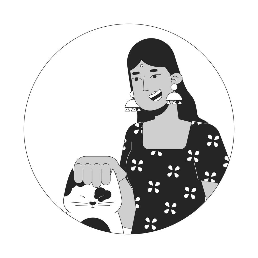 Smiling hindu woman stroking cat black and white 2D vector avatar illustration. Indian lady wearing bindi, scratching kitten outline cartoon character face isolated. Pet lover flat user profile image