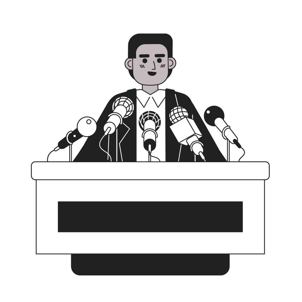 Speaker conference press microphones black and white cartoon flat illustration. Podium orator african american man linear 2D character isolated. Political candidate monochromatic scene vector image