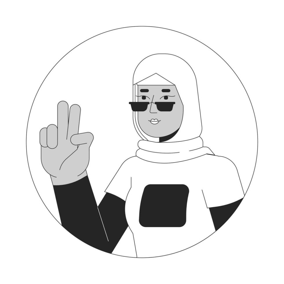 Stylish muslim woman showing victory black and white 2D vector avatar illustration. Sunglasses hijab woman selfie taking outline cartoon character face isolated. Two fingers up flat user profile image