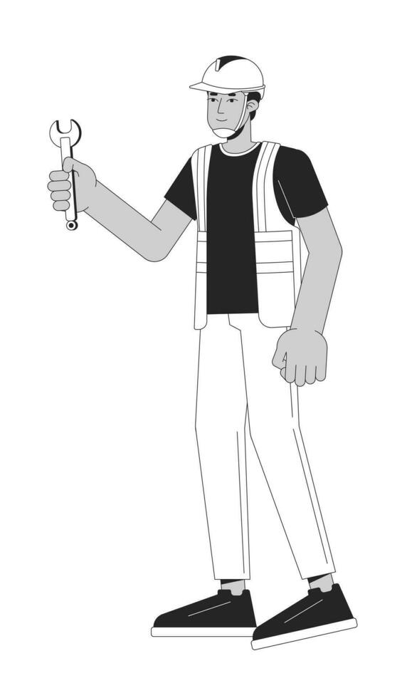 Indian repairman construction worker black and white 2D line cartoon character. South asian male contractor hardhat isolated vector outline person. Holding wrench monochromatic flat spot illustration