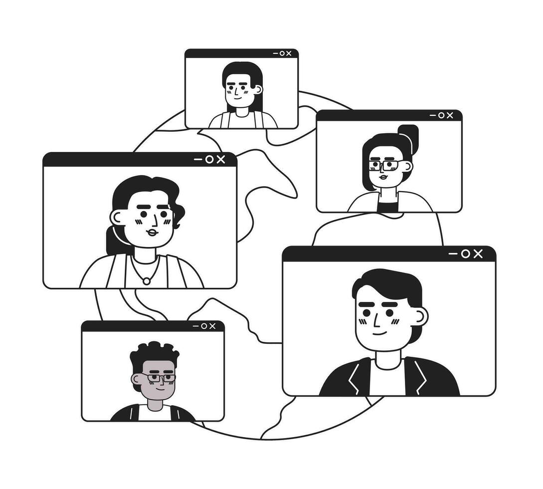 Business conference networking online black and white 2D illustration concept. Virtual meeting colleagues around world isolated cartoon outline characters. Collab metaphor monochrome vector art