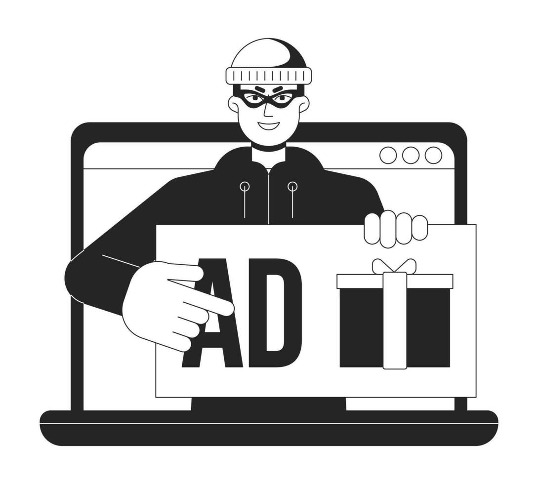 Advertising fraud on laptop bw concept vector spot illustration. Cyber thief. Intruder 2D cartoon flat line monochromatic character for web UI design. Editable isolated outline hero image