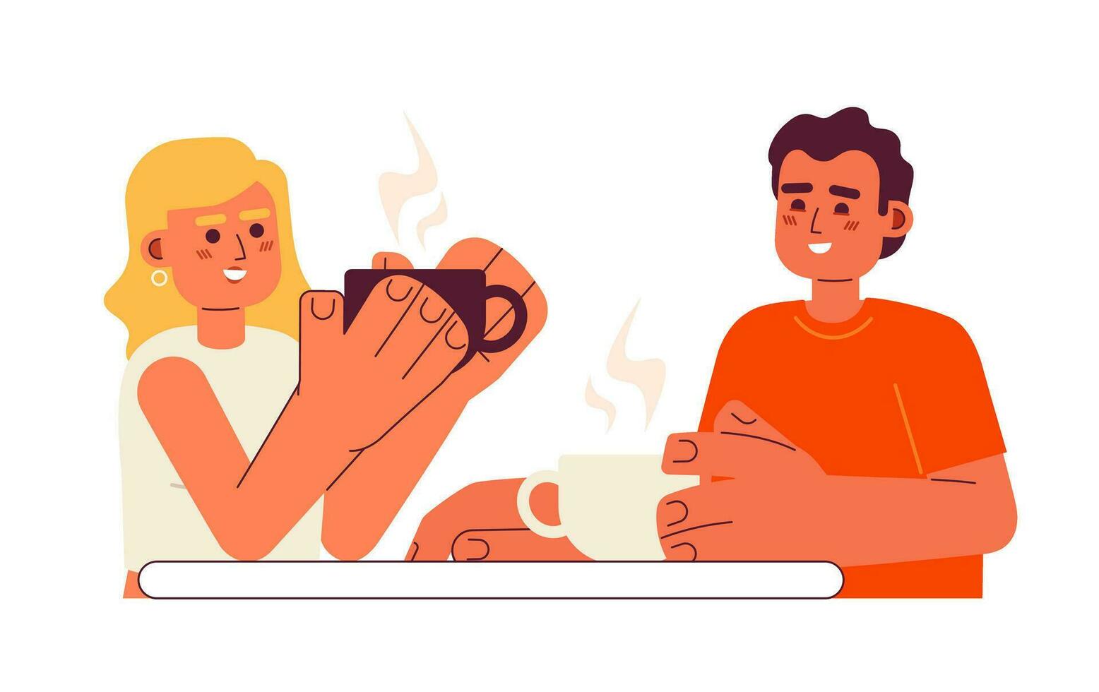 Coffee with friend semi flat color vector characters. Spending time together. Drinking hot beverage. Editable half body people on white. Simple cartoon spot illustration for web graphic design