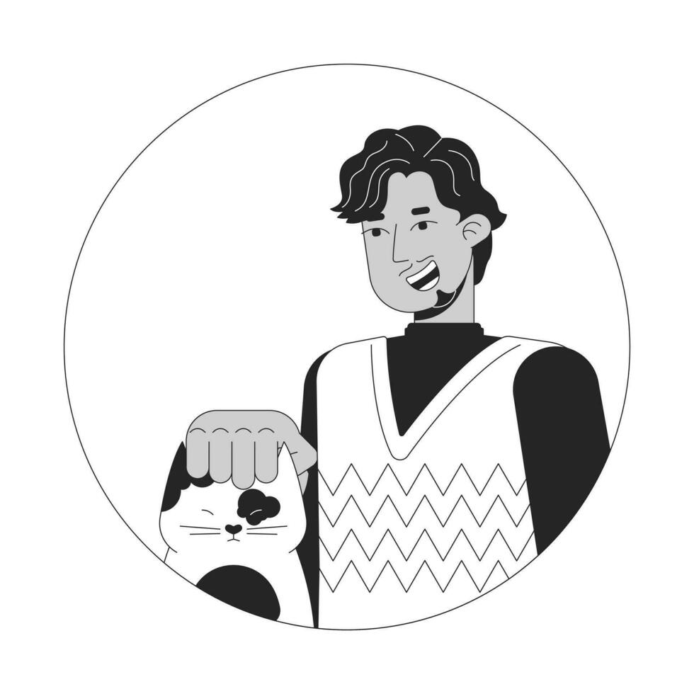 Bearded indian man petting cat black and white 2D vector avatar illustration. South asian guy smiling outline cartoon character face isolated. Sweater weather. Pet owner flat user profile image