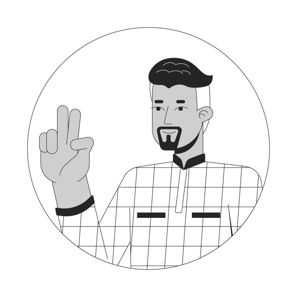 Confident 40s arab man victory sign black and white 2D vector avatar illustration. Middle eastern businessman two fingers up gesture outline cartoon character face isolated. flat user profile image