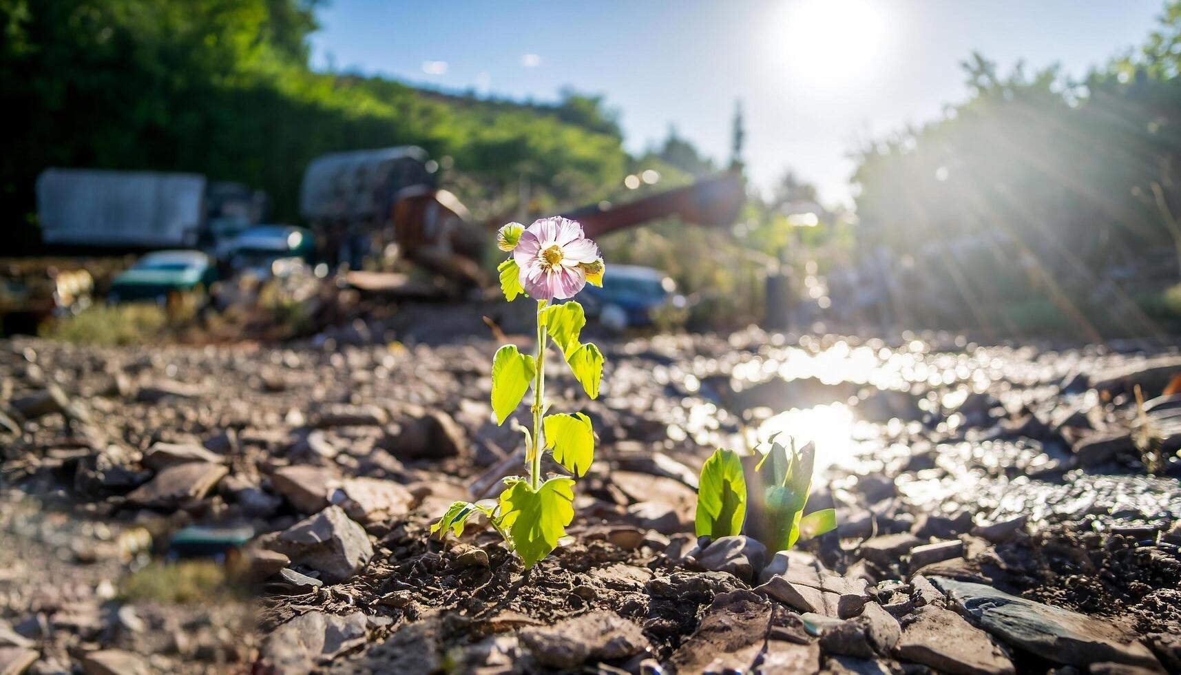 A tiny plant grows through a gravel road near some water photo