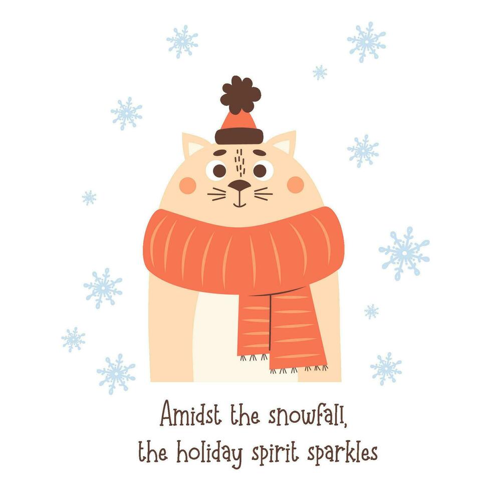 Happy winter cat. Funny character animal in knitted scarf and hat. Vector illustration. New Year and Christmas design, holiday card, decor.