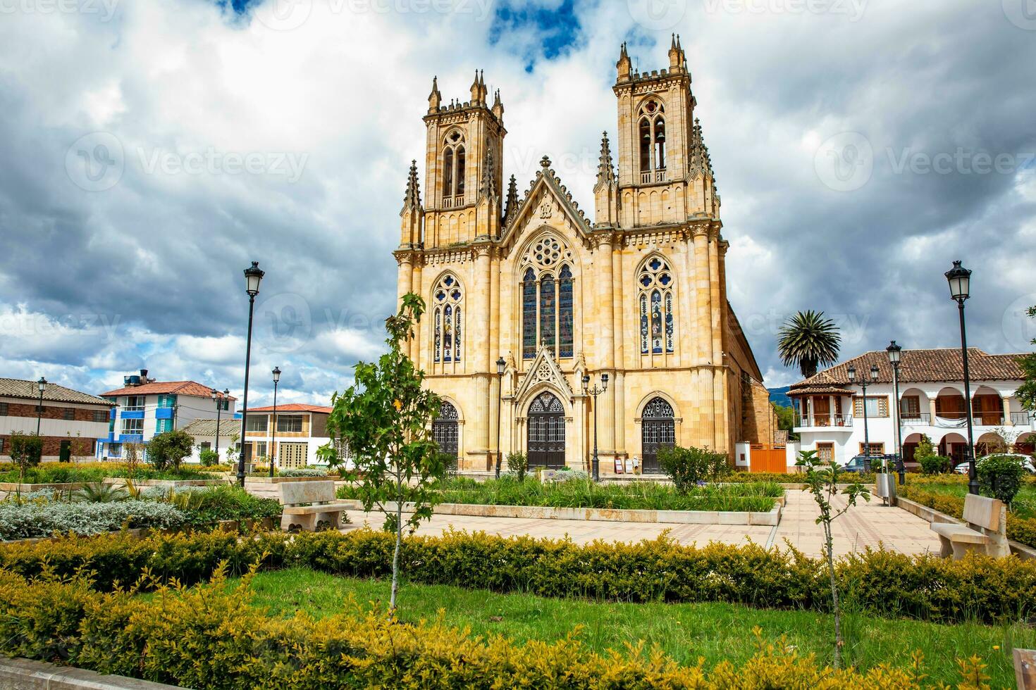 Historical Minor Basilica of Our Lady of the Snows at the central square of the small town of Firavitoba located in the region of Boyaca in Colombia photo