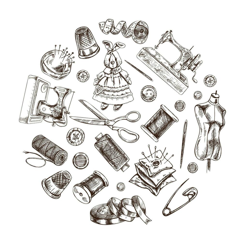 Vintage set of hand drawn sewing icons. Elements in a circle. Vector illustrations in sketch style. Handmade, sewing equipment concept in vintage doodle style. Engraving style.