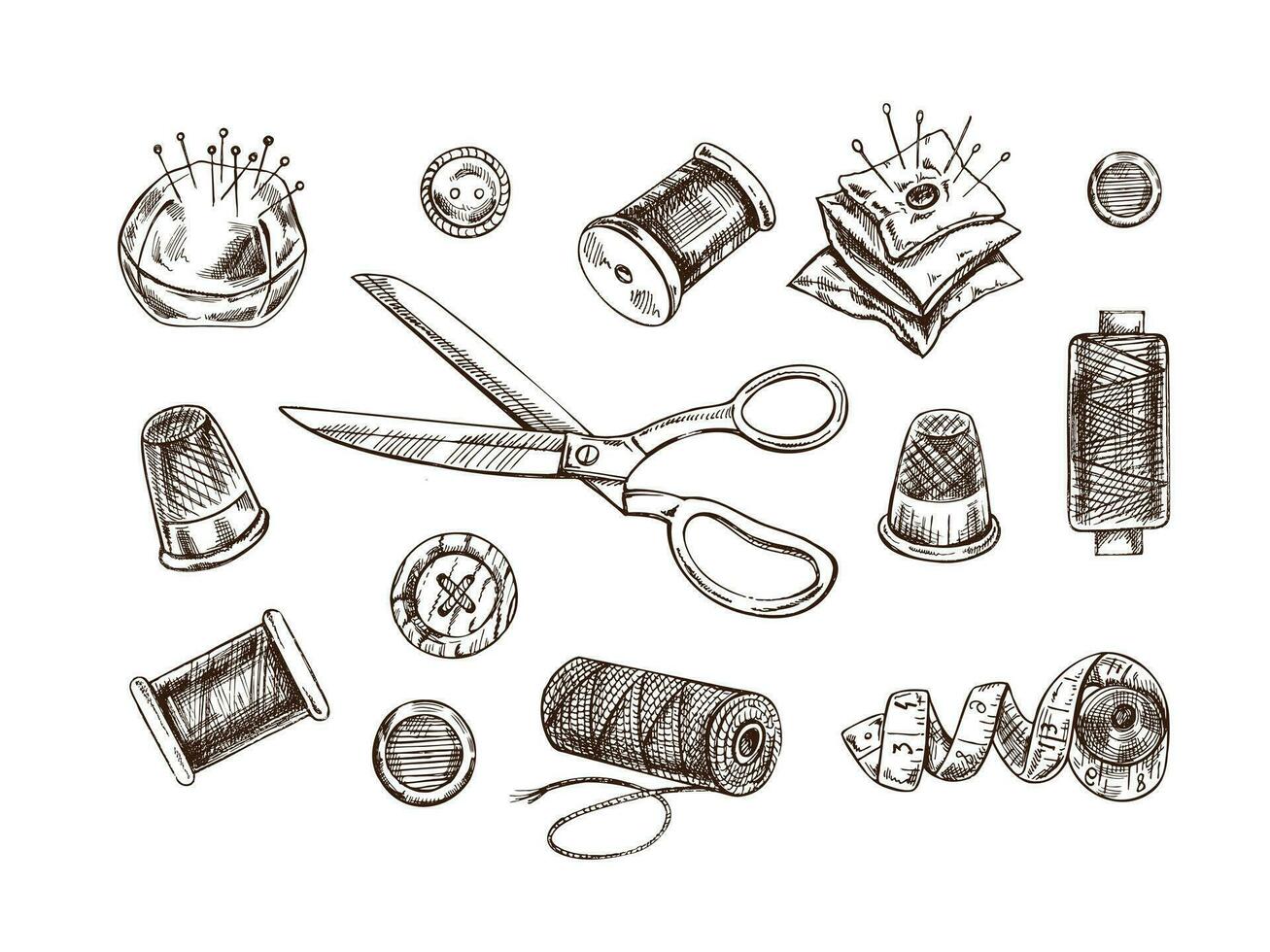 Clásico conjunto de mano dibujado de coser iconos vector ilustraciones en bosquejo estilo. hecho a mano, de coser equipo concepto en Clásico garabatear estilo. grabado estilo.