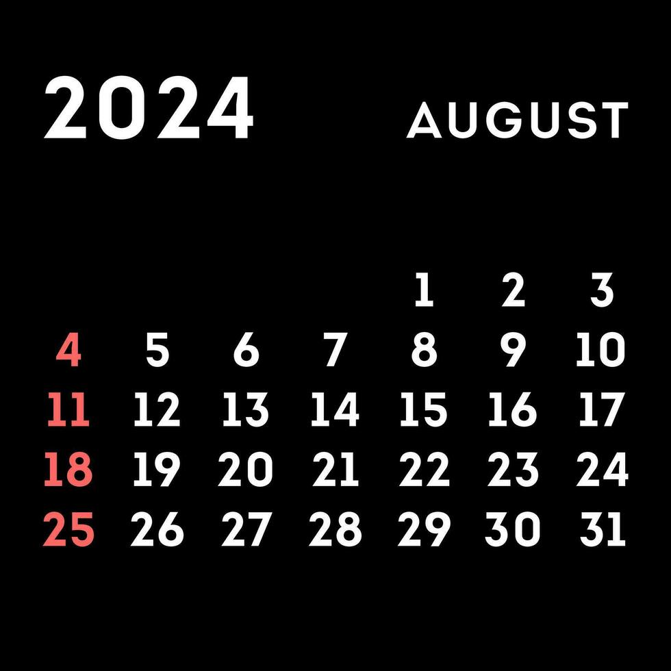 August 2024 month calendar. Vector illustration.