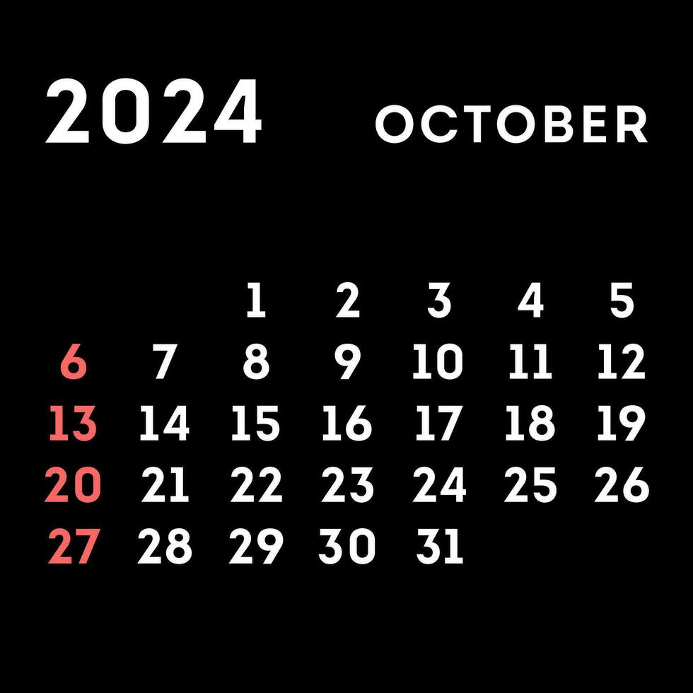 octubre 2024 mes calendario. vector ilustración.