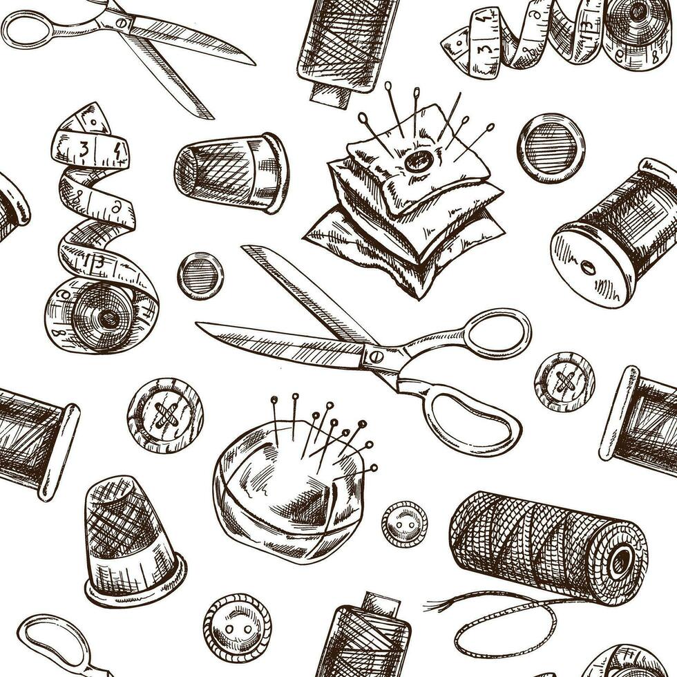 Seamless pattern of hand drawn sewing elements. Vector illustrations in sketch style. Handmade, sewing equipment concept in vintage doodle style. Engraving style.