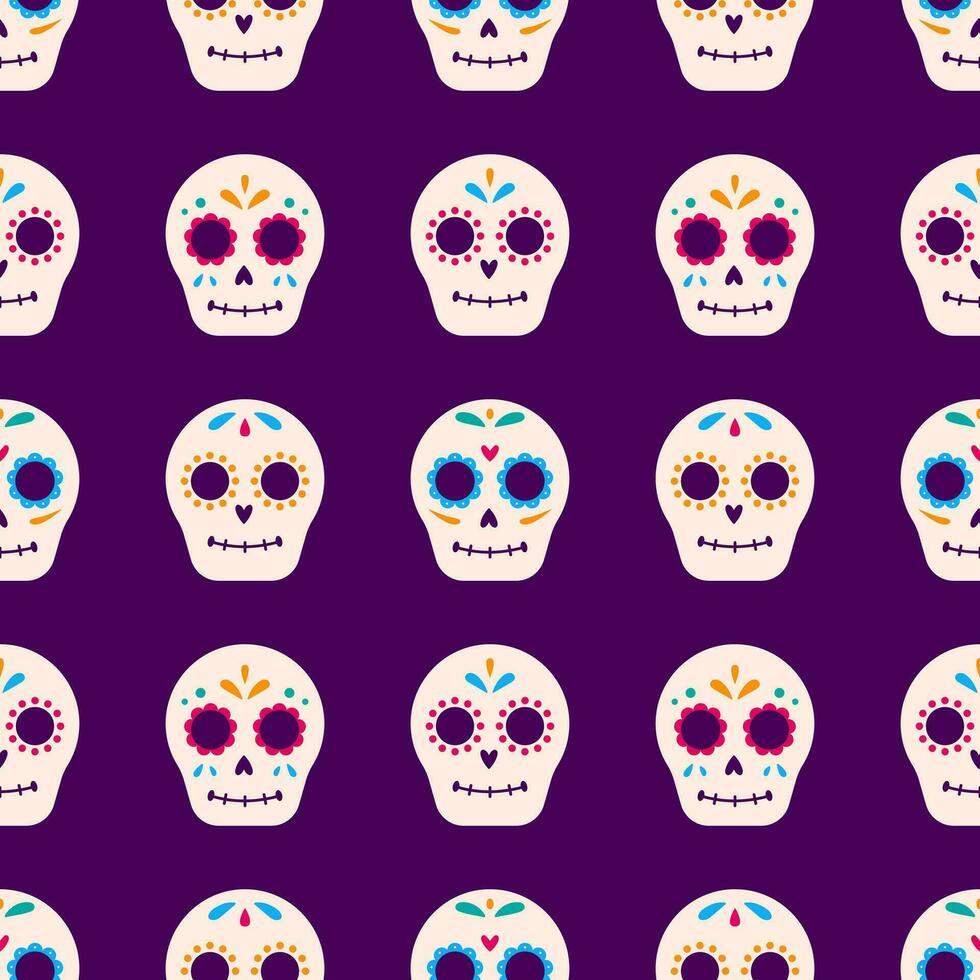 vector dia Delaware muertos sin costura modelo. mexicano tradicional azúcar calaveras en púrpura antecedentes. el día de el muerto celebracion. envase diseño.